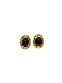 Classic Gold Monet Oval Ruby Red Cabochon Clip - On Earrings - 24 Wishes Vintage Jewelry