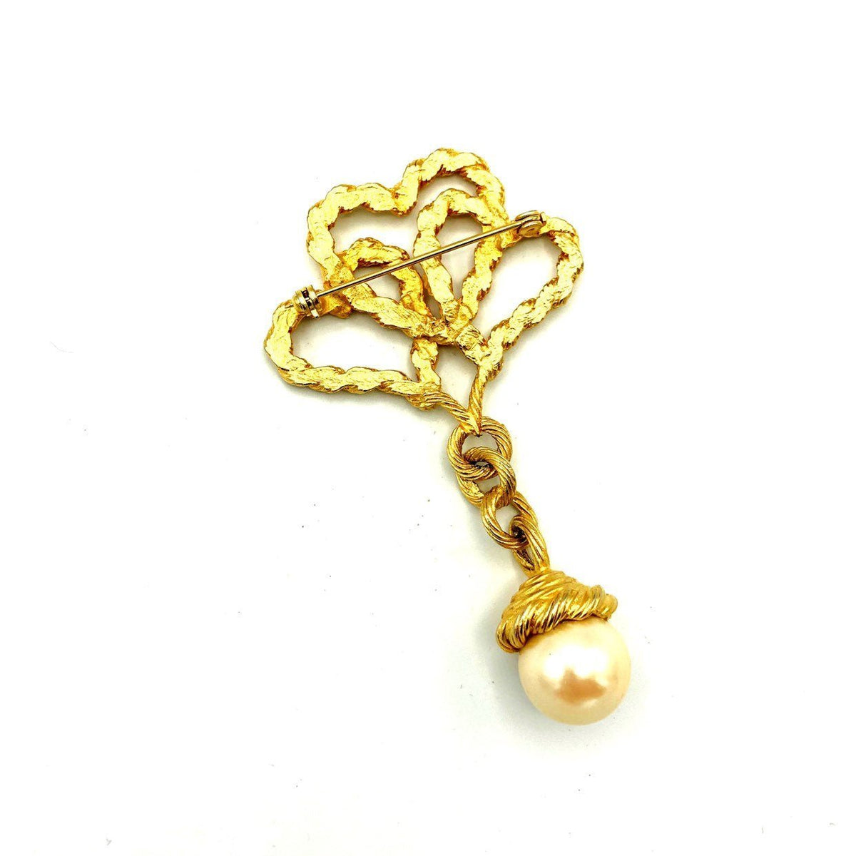 Classic Gold Twisted Hearts With Pearl Dangle Vintage Brooch - 24 Wishes Vintage Jewelry