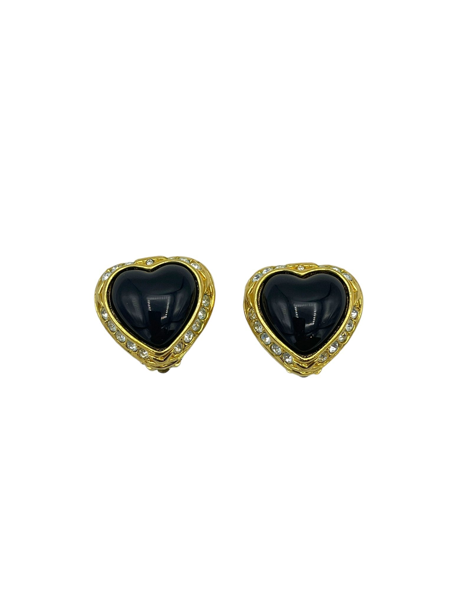 ☆人気☆【VINTAGE HOLLYWOOD】☆Black Heart Stone Earring.s☆ Classic Joan Rivers Black Heart Vintage Clip-On Earrings