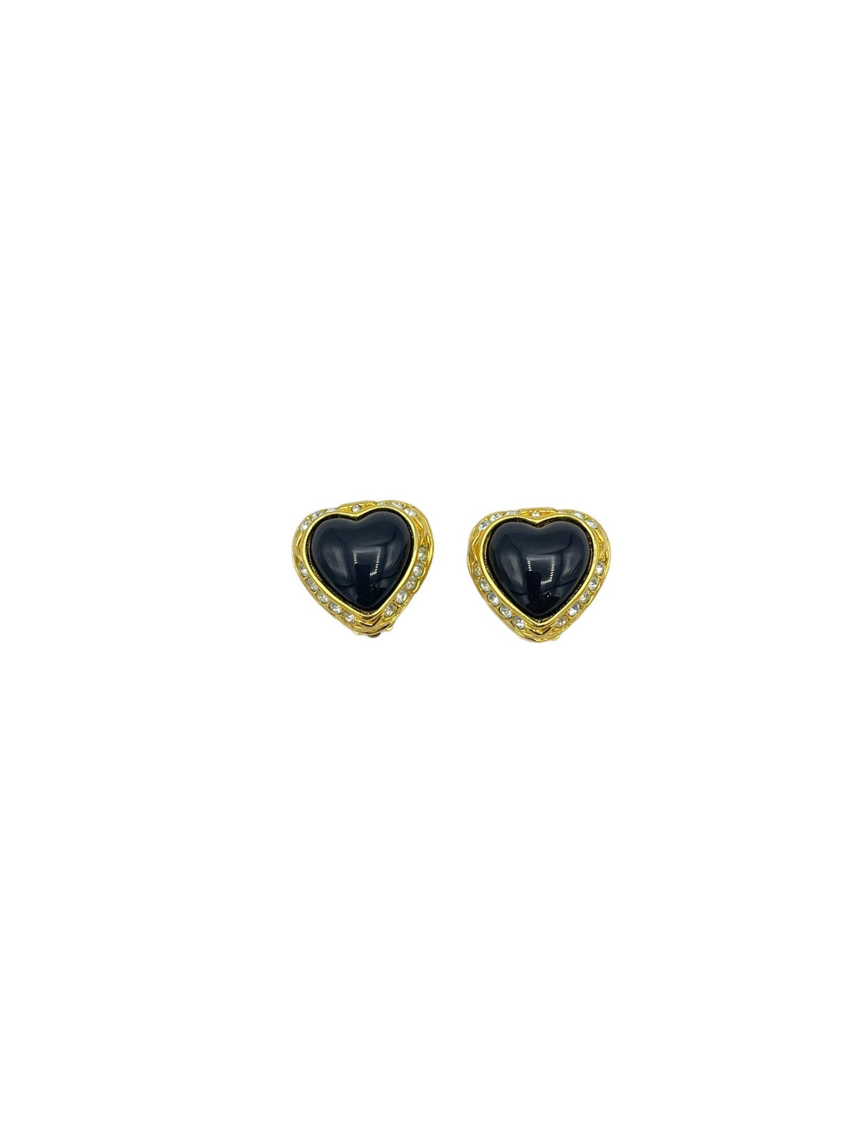 Joan Rivers black heart gold tone vintage clip-on earrings with crystal accents. - 24 Wishes Vintage Jewelry