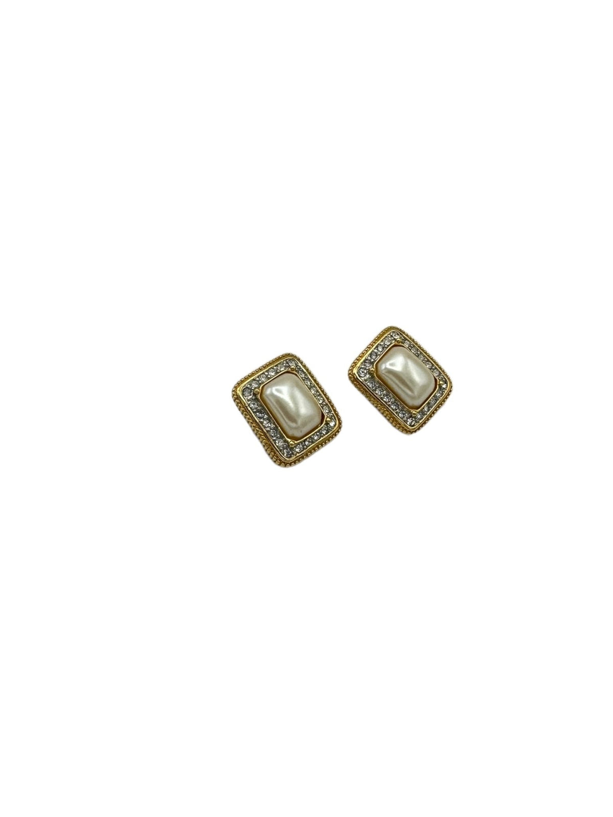 Classic Joan Rivers Gold Rectangle Pearl & Rhinestone Vintage Clip - On Earrings - 24 Wishes Vintage Jewelry