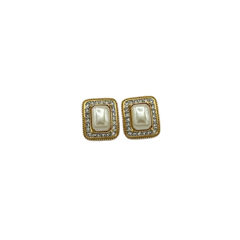 Classic Joan Rivers Gold Rectangle Pearl & Rhinestone Vintage Clip - On Earrings - 24 Wishes Vintage Jewelry