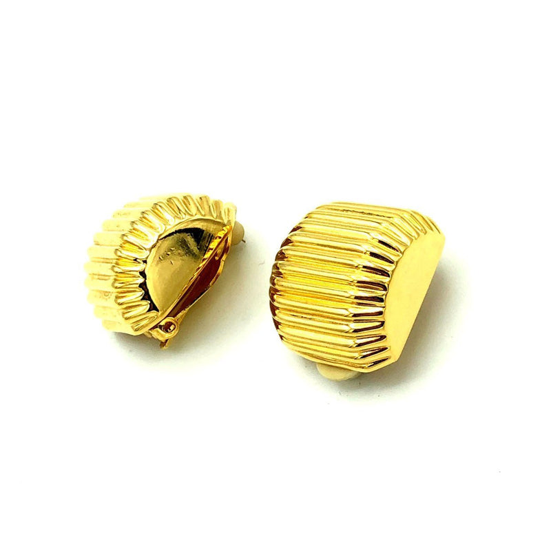 Classic Joan Rivers Gold Scallop Dome Half Hoop Vintage Clip - On Earrings - 24 Wishes Vintage Jewelry