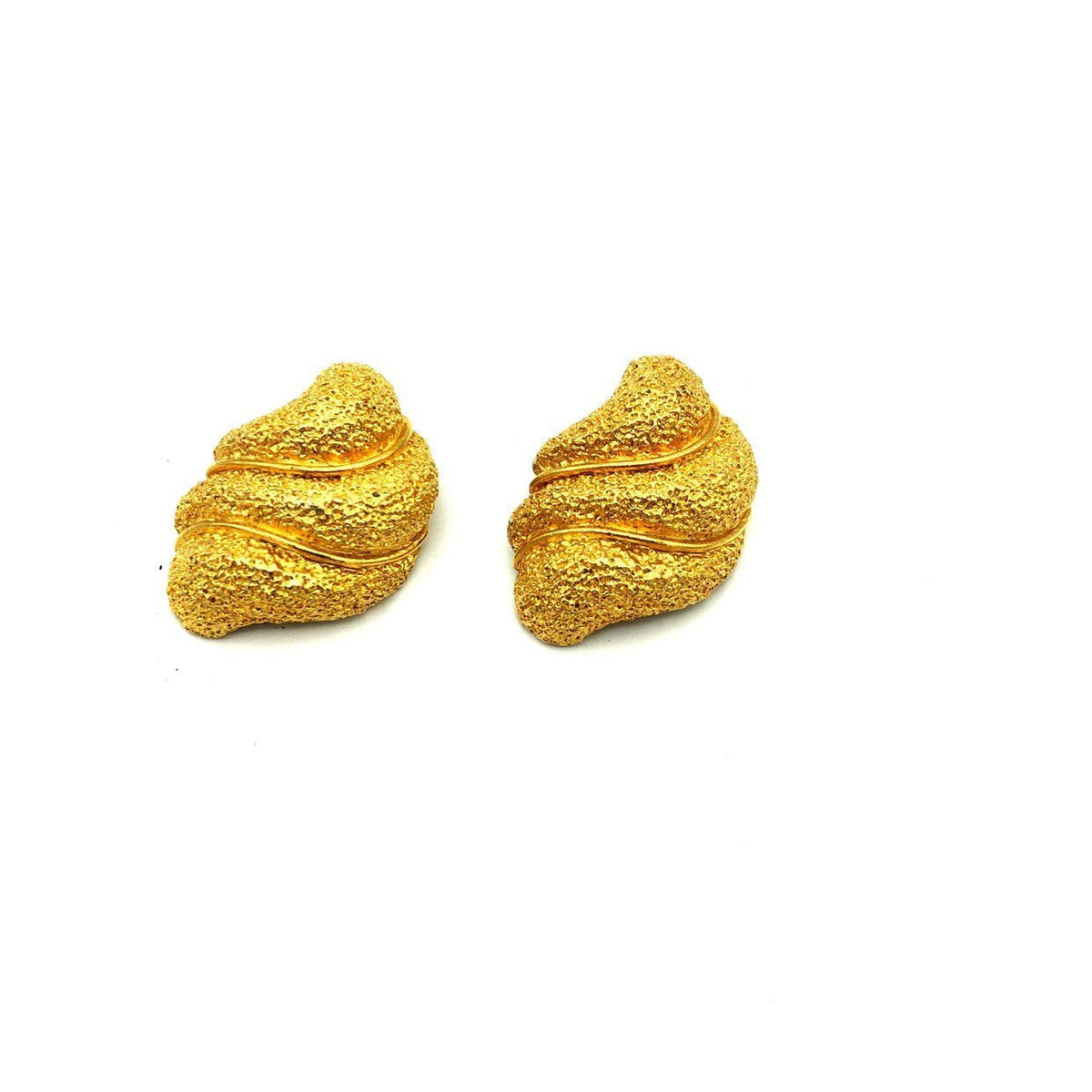 Classic Les Bernard Gold Textured Abstract Swirl Vintage Clip - On Earrings - 24 Wishes Vintage Jewelry