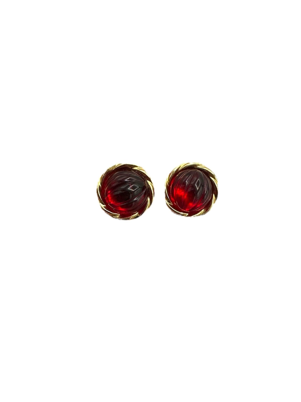 Classic Vintage Ruby Red Round Cabochon Gold Pierced Earrings - 24 Wishes Vintage Jewelry