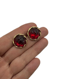 Classic Vintage Ruby Red Round Cabochon Gold Pierced Earrings - 24 Wishes Vintage Jewelry