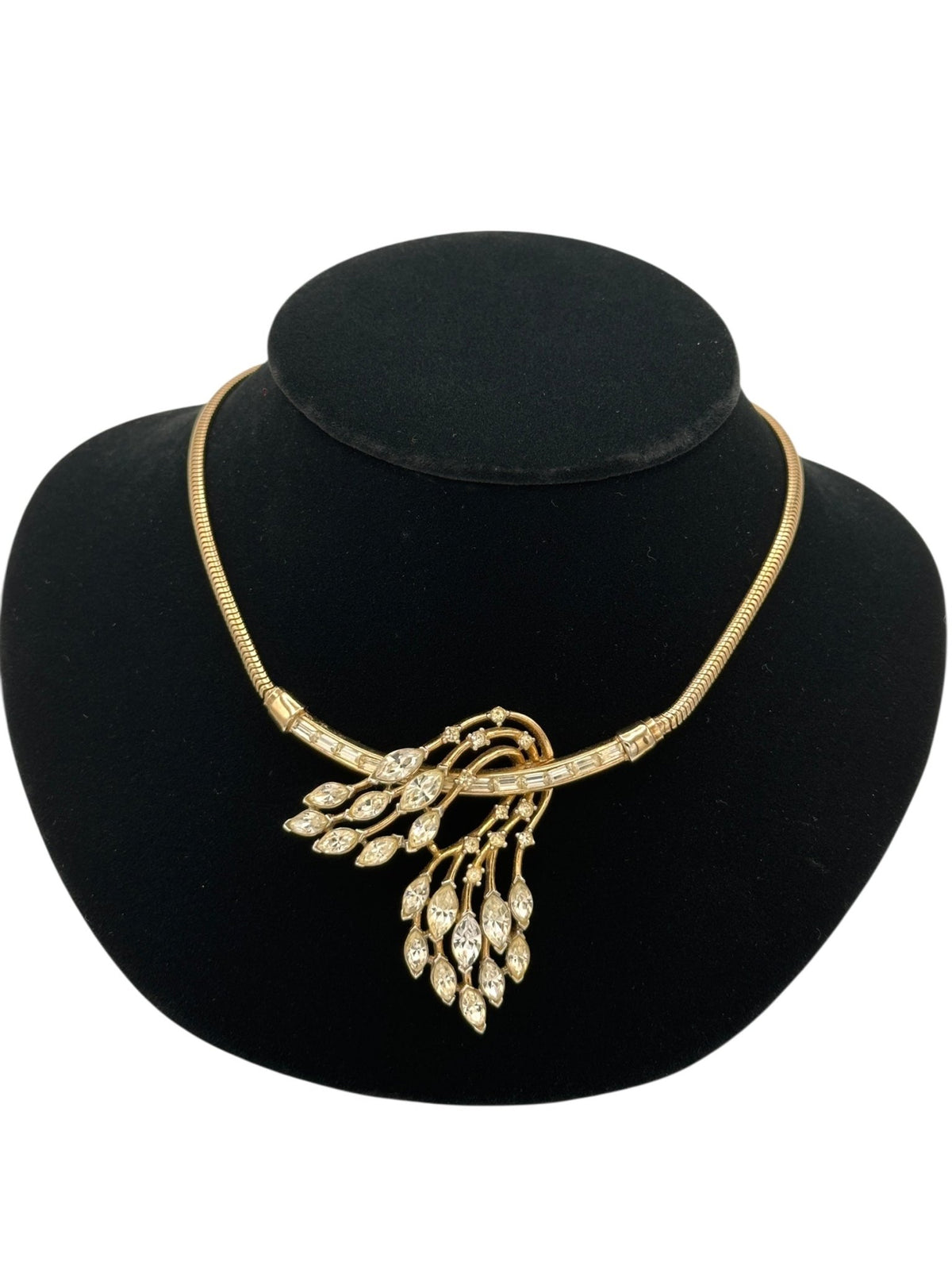Collectible Gold Crown Trifari Clear Rhinestone Floral Pendant - 24 Wishes Vintage Jewelry