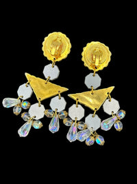 Couture Runway Gold Chandelier Crystal Vintage Clip - On Statement Earrings - 24 Wishes Vintage Jewelry