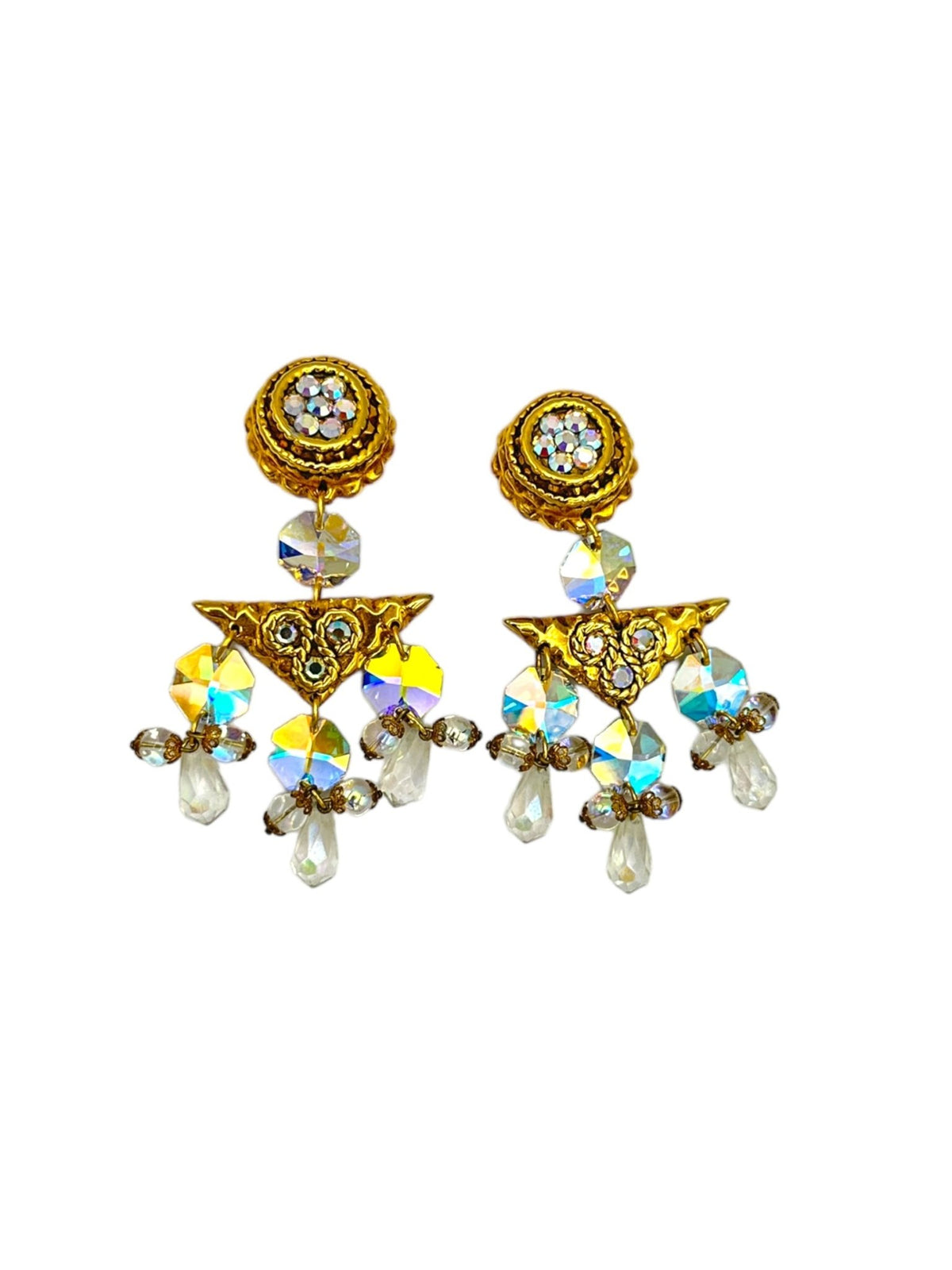 Couture Runway Gold Chandelier Crystal Vintage Clip - On Statement Earrings - 24 Wishes Vintage Jewelry