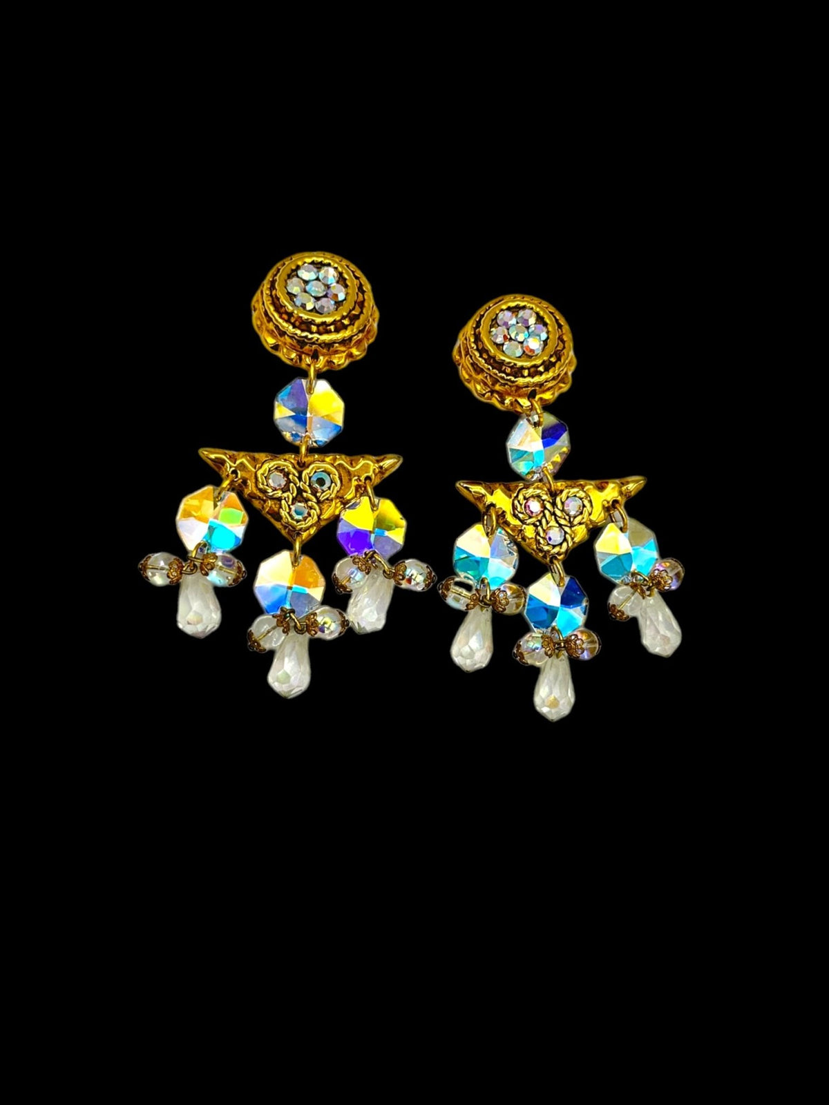 Couture Runway Gold Chandelier Crystal Vintage Clip - On Statement Earrings - 24 Wishes Vintage Jewelry