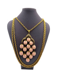 Crown Trifari Pink Waterfall Pendant Layered Gold Chains - 24 Wishes Vintage Jewelry