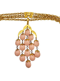 Crown Trifari Pink Waterfall Pendant Layered Gold Chains - 24 Wishes Vintage Jewelry