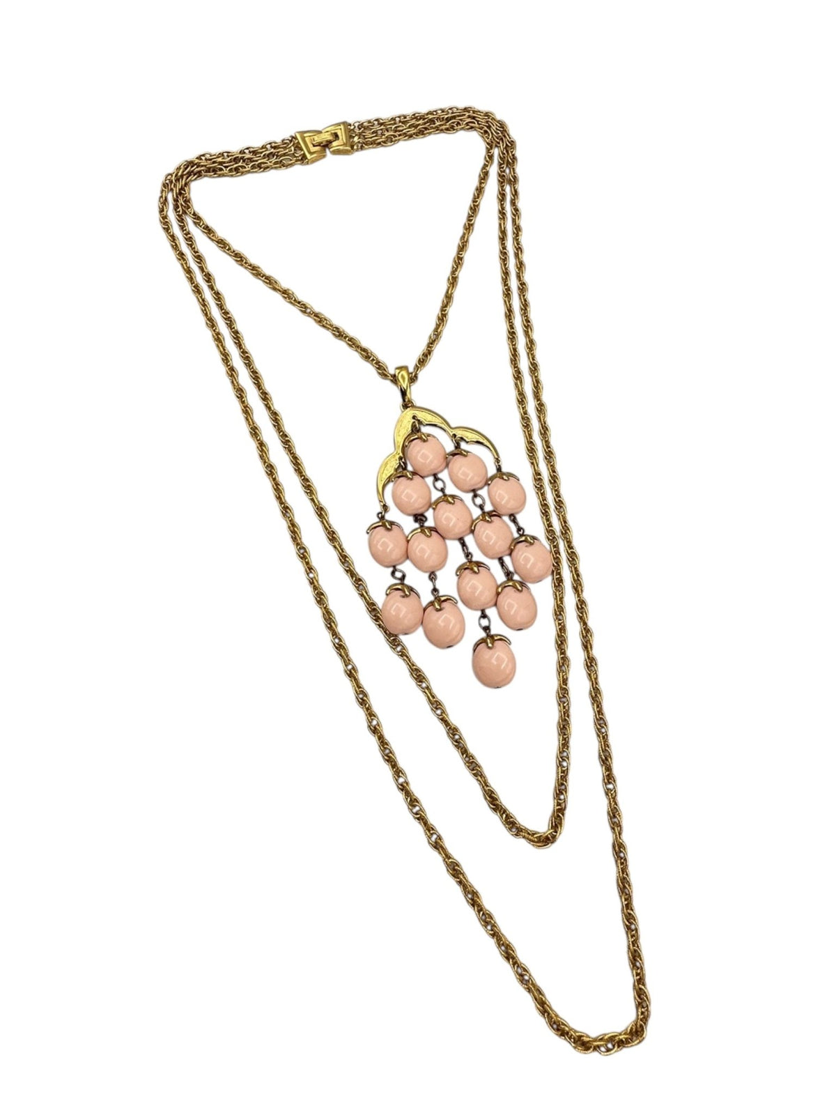 Crown Trifari Pink Waterfall Pendant Layered Gold Chains - 24 Wishes Vintage Jewelry