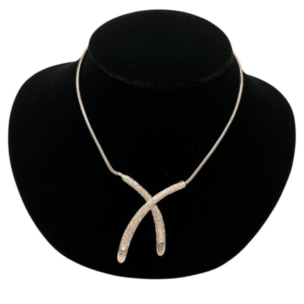 Necklaces & PendantsCrown Trifari Silver 1960s Modernist Textured Criss Cross Pendant Necklace