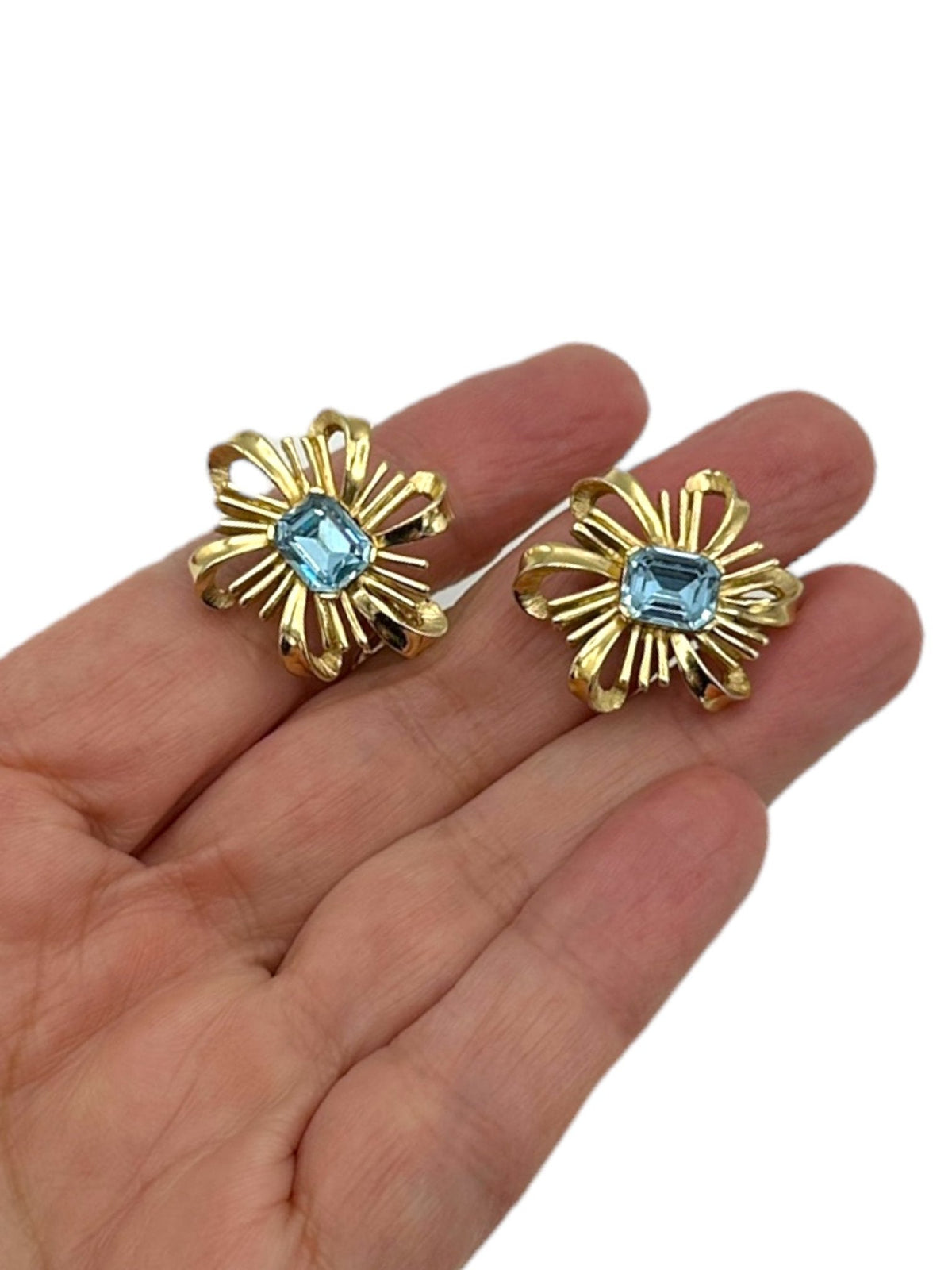 Crown Trifari Vintage Jewelry Aquamarine Blue Rhinestone Bow Clip - On Earrings - 24 Wishes Vintage Jewelry