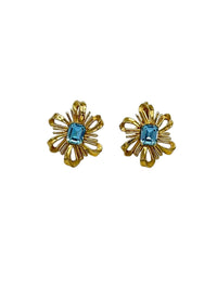 Crown Trifari Vintage Jewelry Aquamarine Blue Rhinestone Bow Clip - On Earrings - 24 Wishes Vintage Jewelry