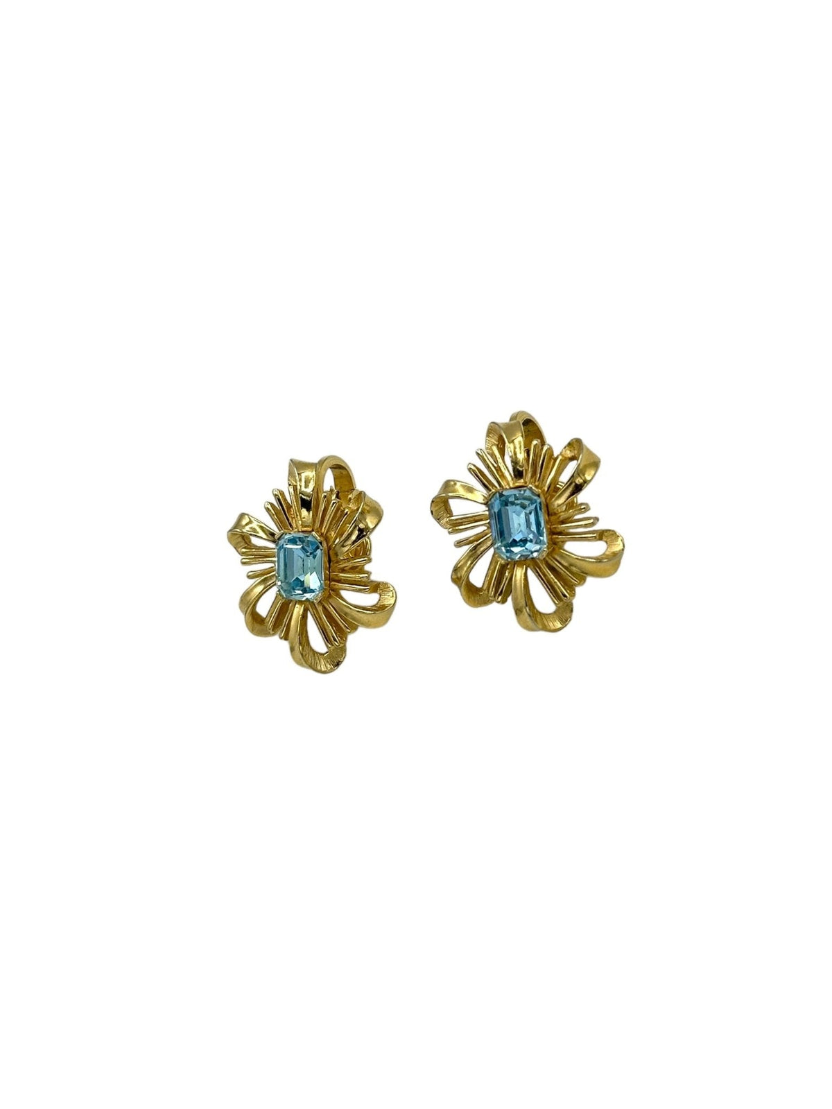 Crown Trifari Vintage Jewelry Aquamarine Blue Rhinestone Bow Clip - On Earrings - 24 Wishes Vintage Jewelry