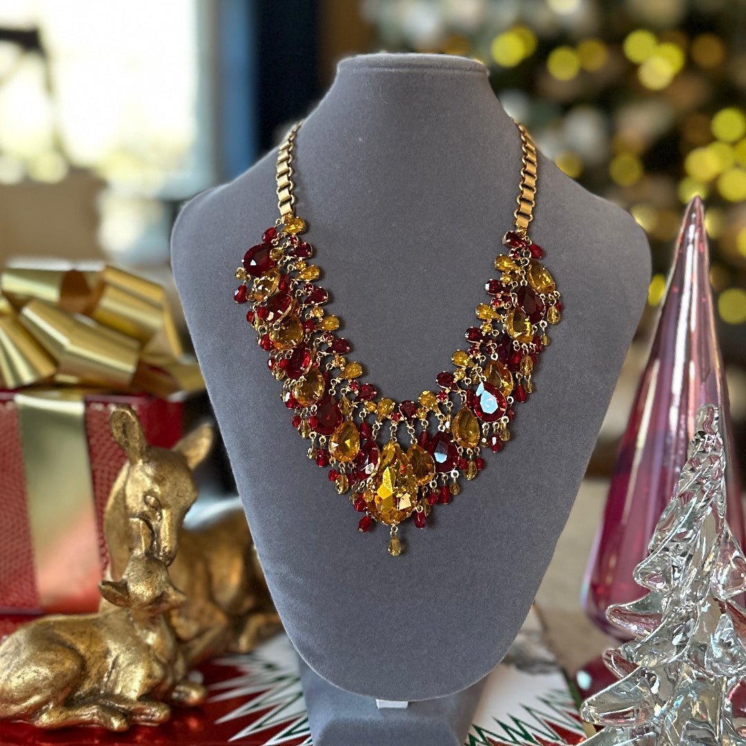 De Luxe NYC A’Dam Citrine Yellow & Ruby Red Rhinestone Statement Necklace - 24 Wishes Vintage Jewelry