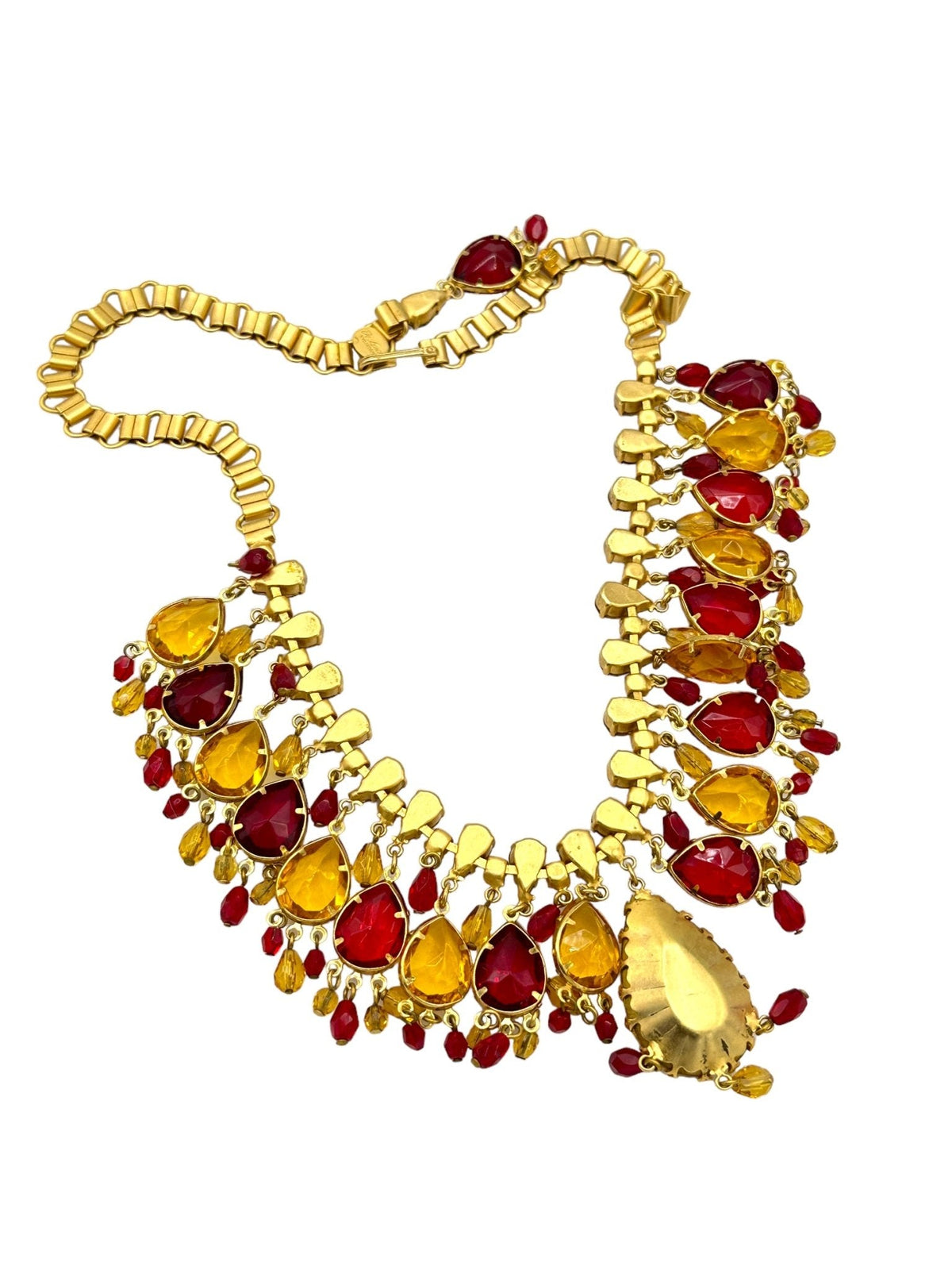 De Luxe NYC A’Dam Citrine Yellow & Ruby Red Rhinestone Statement Necklace - 24 Wishes Vintage Jewelry