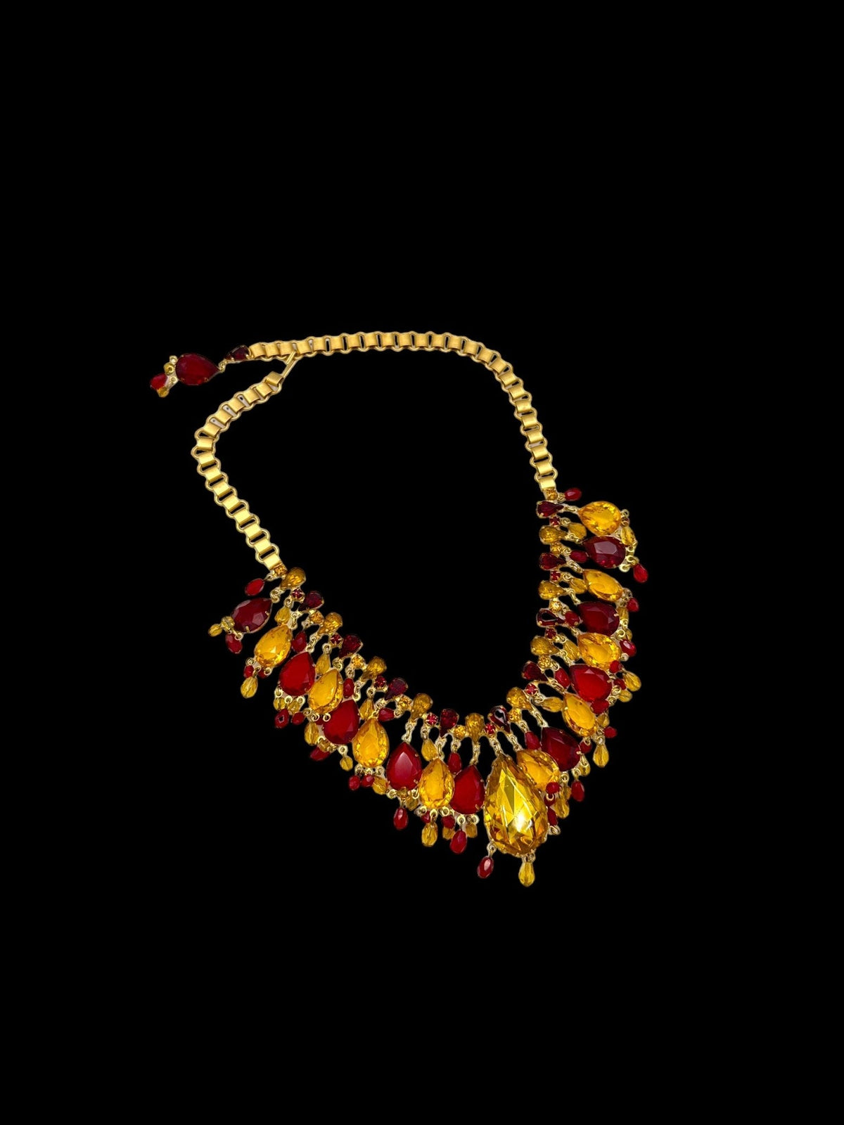 De Luxe NYC A’Dam Citrine Yellow & Ruby Red Rhinestone Statement Necklace - 24 Wishes Vintage Jewelry