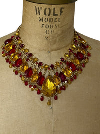 De Luxe NYC A’Dam Citrine Yellow & Ruby Red Rhinestone Statement Necklace - 24 Wishes Vintage Jewelry