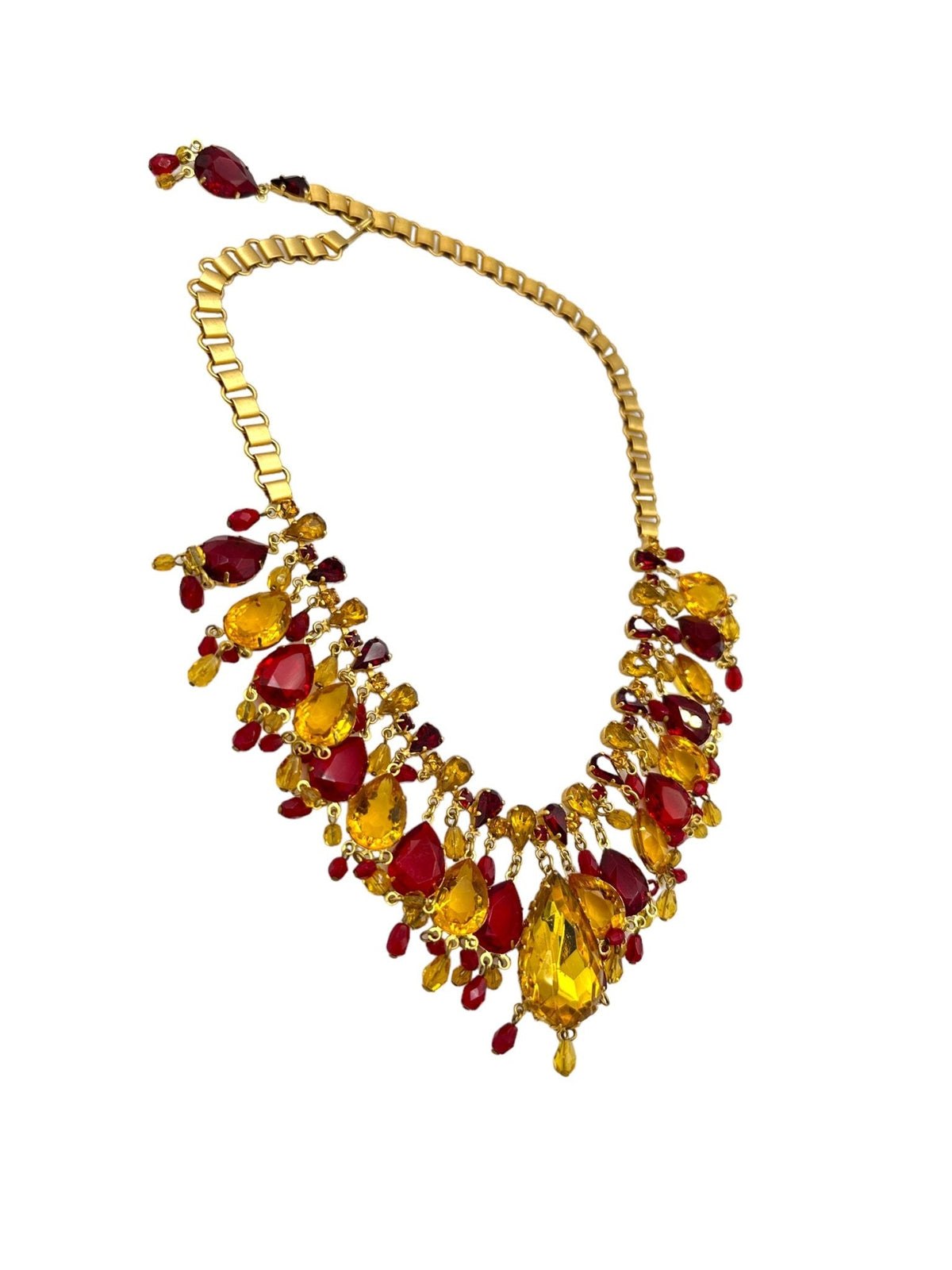 De Luxe NYC A’Dam Citrine Yellow & Ruby Red Rhinestone Statement Necklace - 24 Wishes Vintage Jewelry