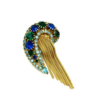 D&E Paisley Blue Green Rhinestone Fringe Vintage Brooch Pin - 24 Wishes Vintage Jewelry