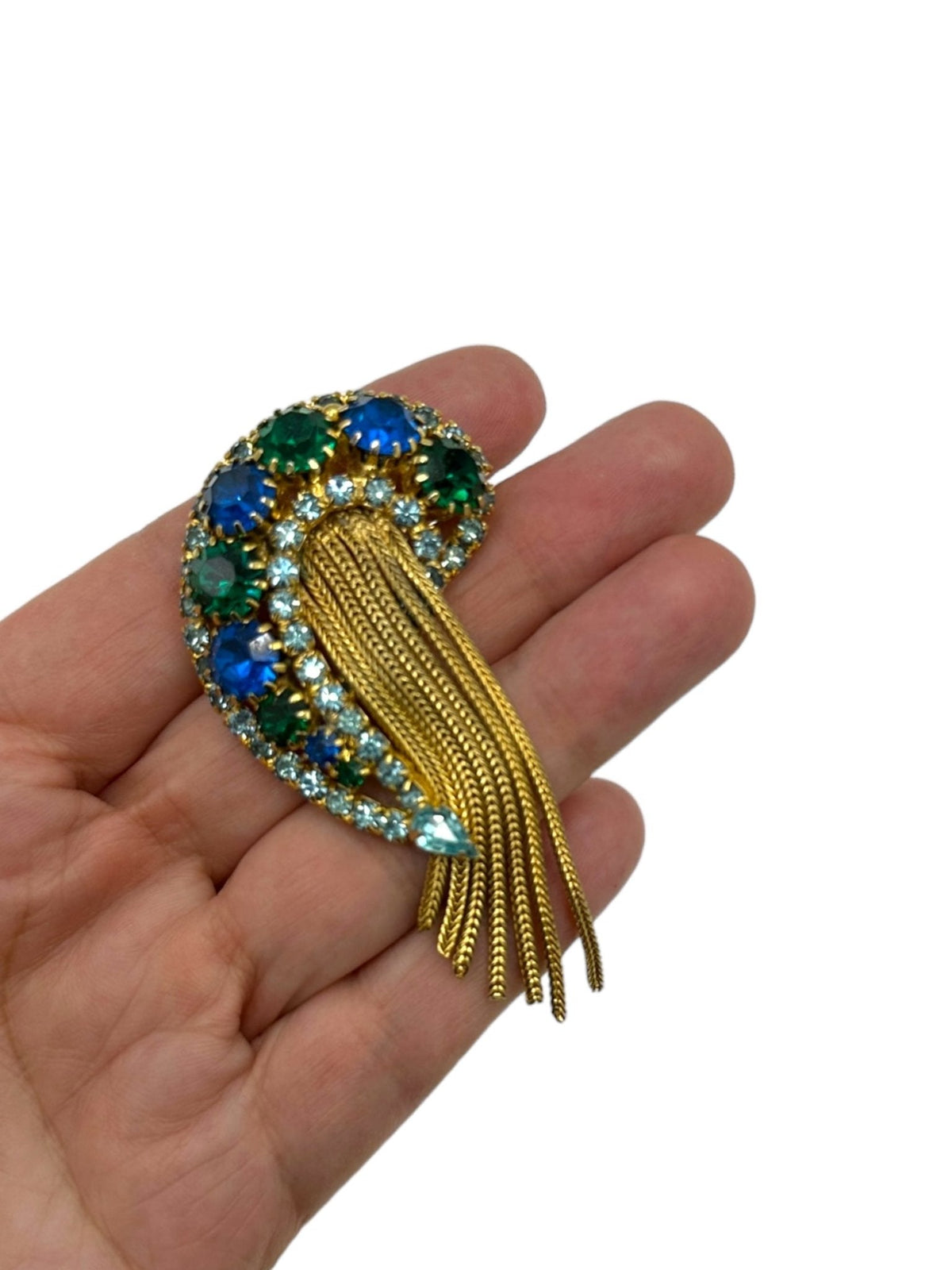 D&E Paisley Blue Green Rhinestone Fringe Vintage Brooch Pin - 24 Wishes Vintage Jewelry