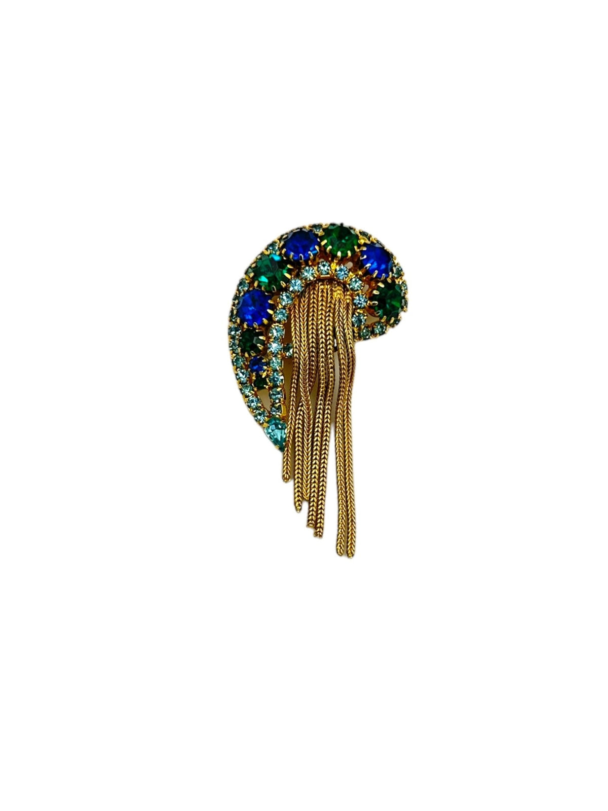 D&E Paisley Blue Green Rhinestone Fringe Vintage Brooch Pin - 24 Wishes Vintage Jewelry