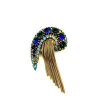 D&E Paisley Blue Green Rhinestone Fringe Vintage Brooch Pin - 24 Wishes Vintage Jewelry