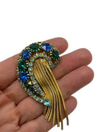 D&E Paisley Blue Green Rhinestone Fringe Vintage Brooch Pin - 24 Wishes Vintage Jewelry