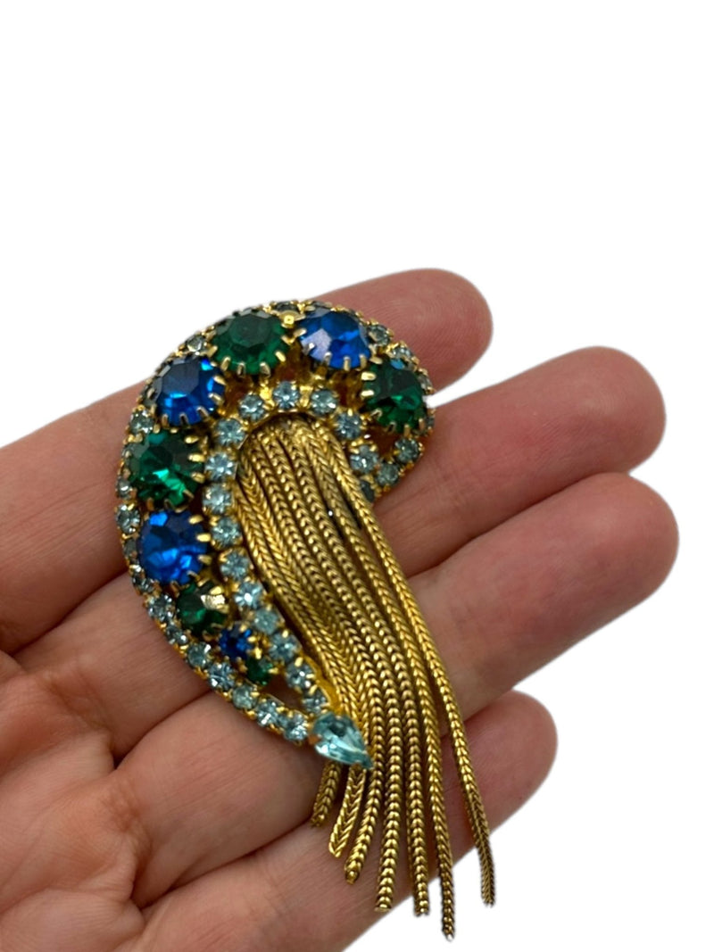 D&E Paisley Blue Green Rhinestone Fringe Vintage Brooch Pin - 24 Wishes Vintage Jewelry