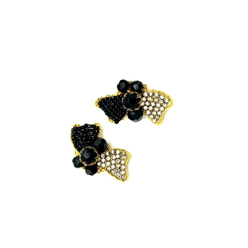 Demario NY Black Bead Rhinestone Bow Vintage Clip - On Earrings - 24 Wishes Vintage Jewelry