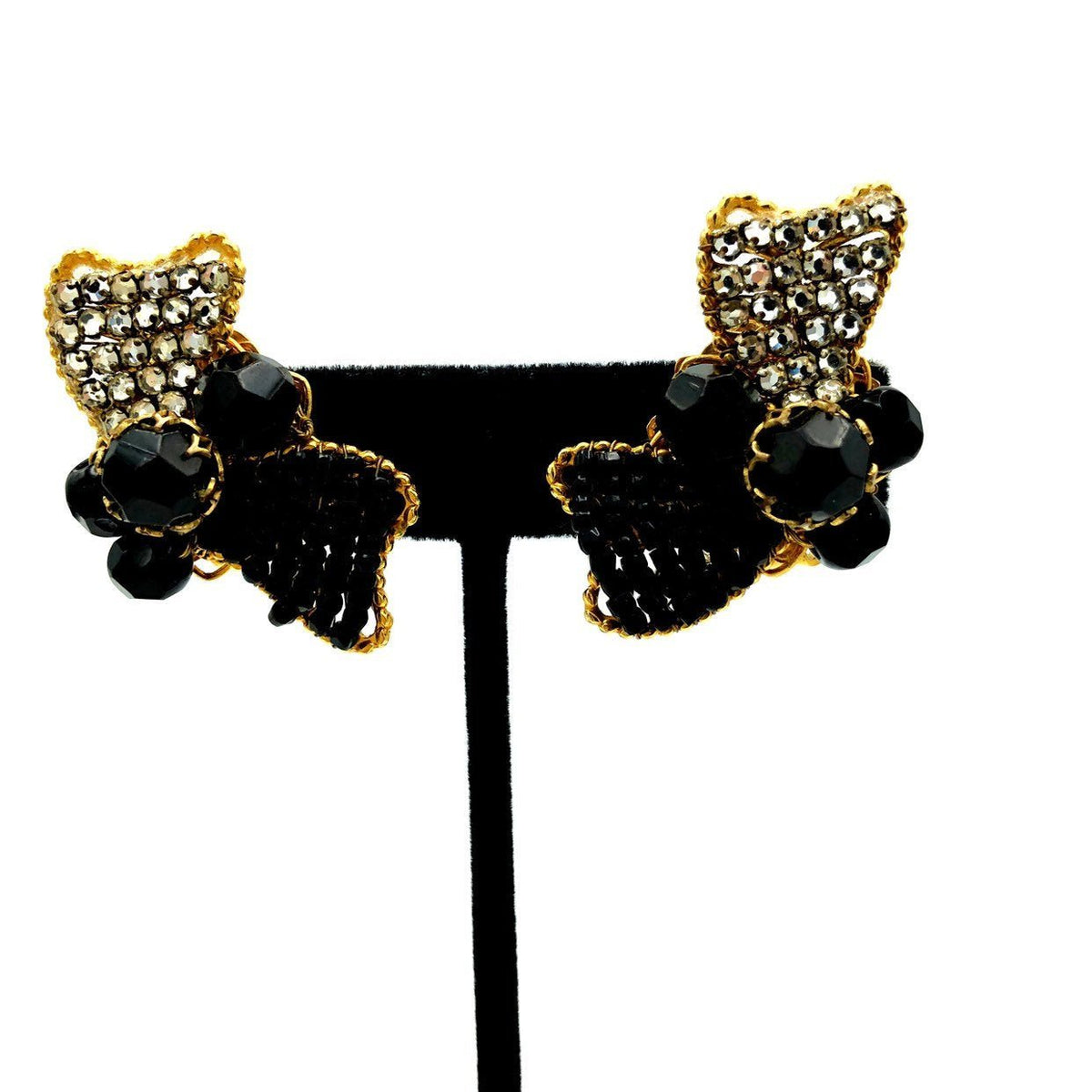 Demario NY Black Bead Rhinestone Bow Vintage Clip - On Earrings - 24 Wishes Vintage Jewelry