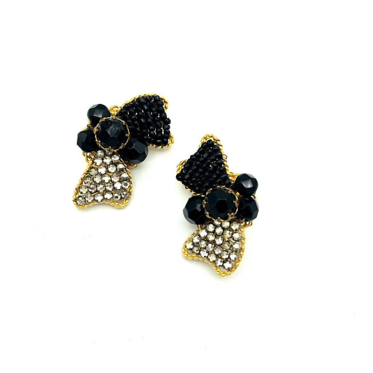 Demario NY Black Bead Rhinestone Bow Vintage Clip - On Earrings - 24 Wishes Vintage Jewelry