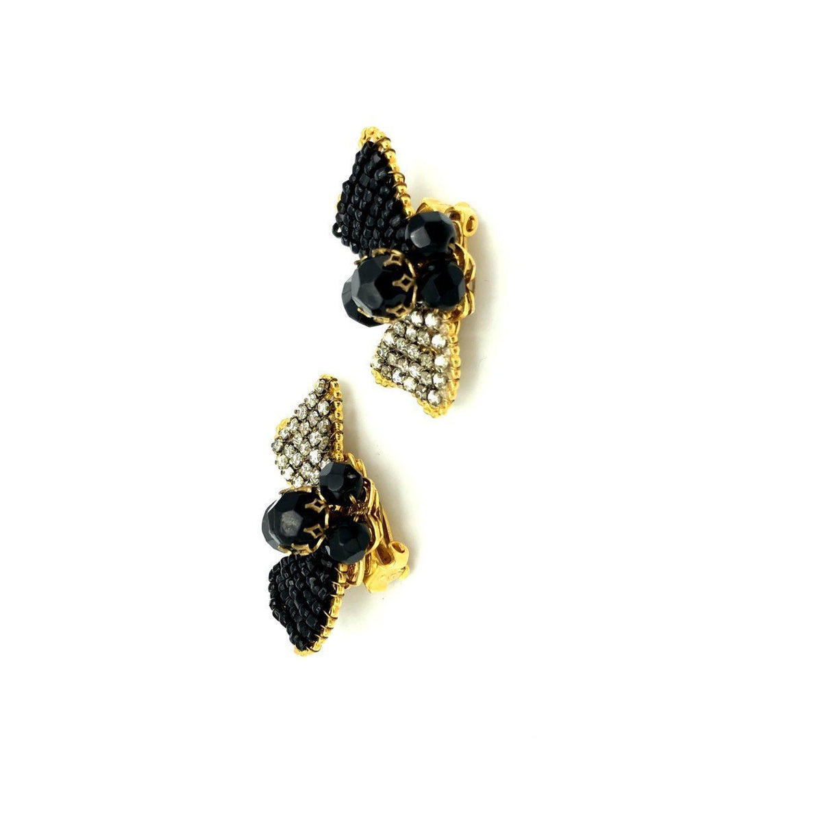 Demario NY Black Bead Rhinestone Bow Vintage Clip - On Earrings - 24 Wishes Vintage Jewelry