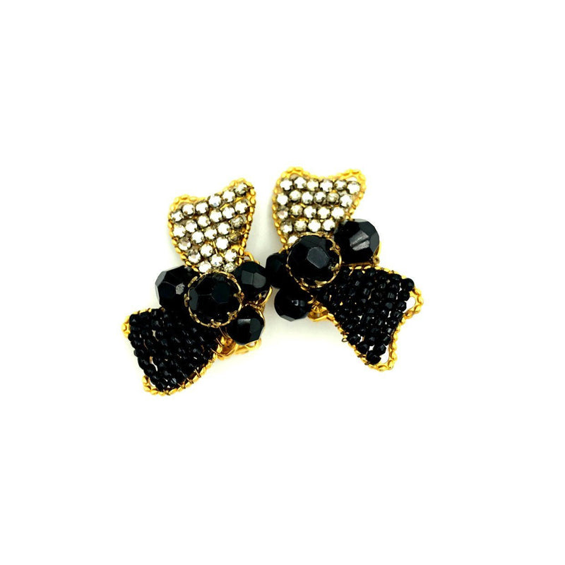 Demario NY Black Bead Rhinestone Bow Vintage Clip - On Earrings - 24 Wishes Vintage Jewelry