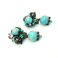 DeMario NY Blue Turquoise Rhinestone Beaded Dangle Vintage Clip - On Earrings - 24 Wishes Vintage Jewelry