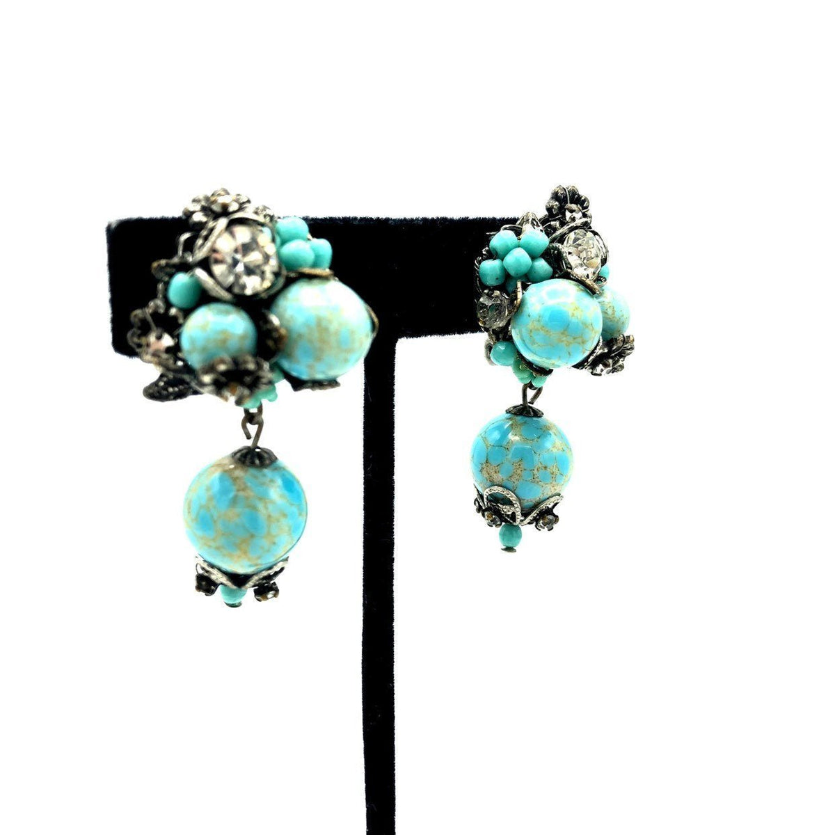 DeMario NY Blue Turquoise Rhinestone Beaded Dangle Vintage Clip - On Earrings - 24 Wishes Vintage Jewelry