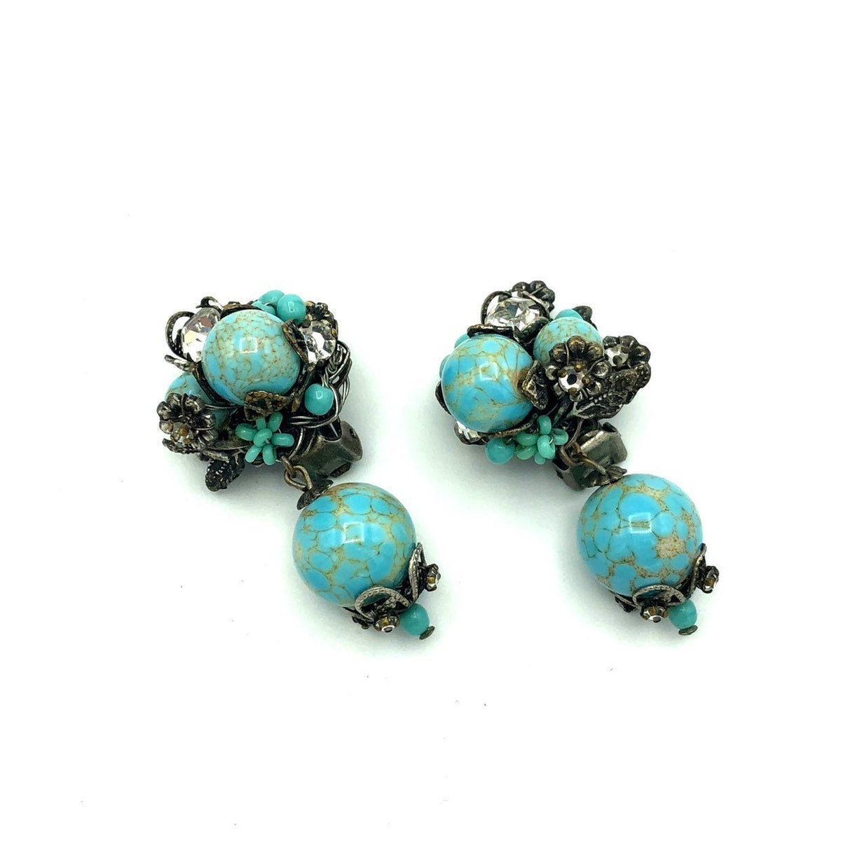 DeMario NY Blue Turquoise Rhinestone Beaded Dangle Vintage Clip - On Earrings - 24 Wishes Vintage Jewelry