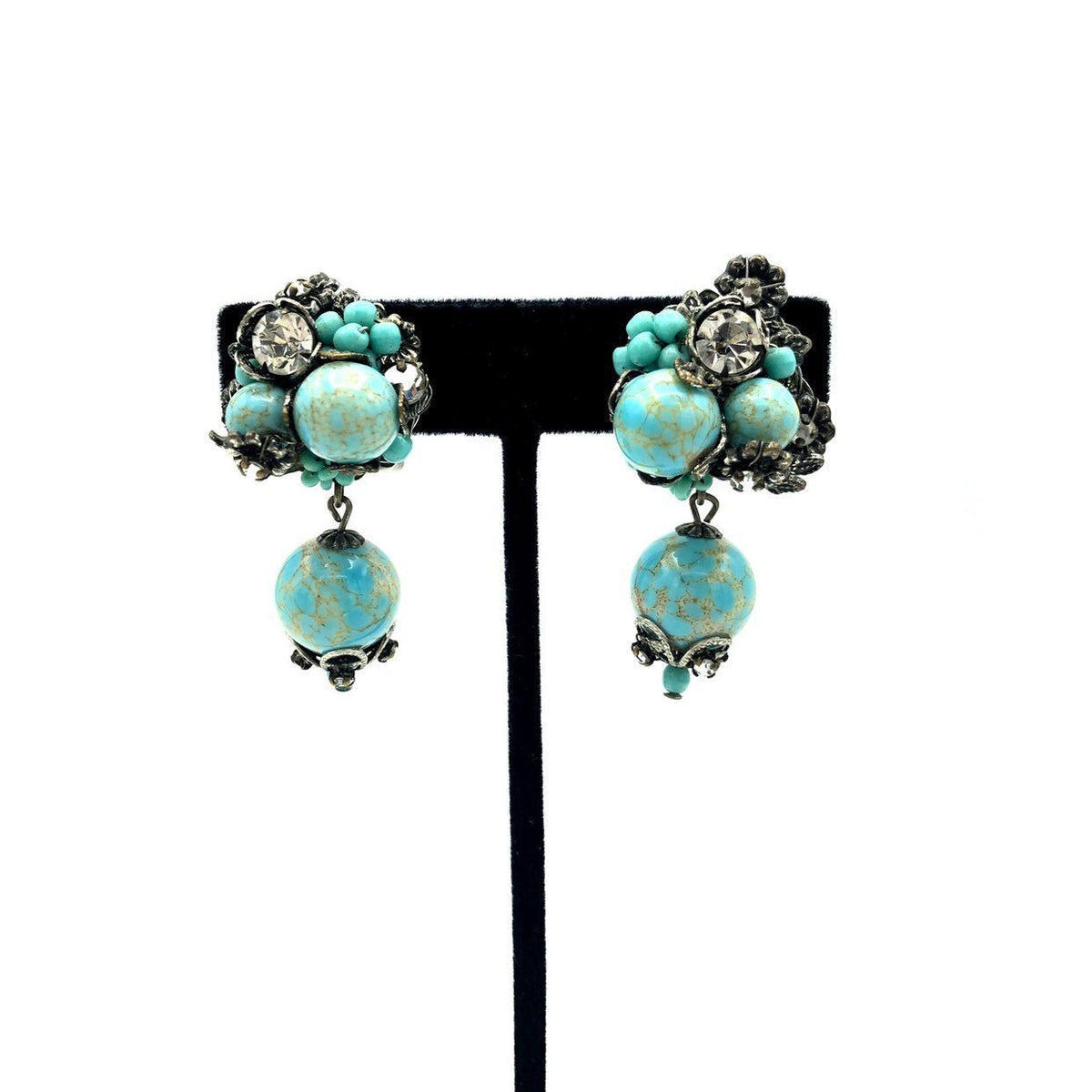 DeMario NY Blue Turquoise Rhinestone Beaded Dangle Vintage Clip - On Earrings - 24 Wishes Vintage Jewelry