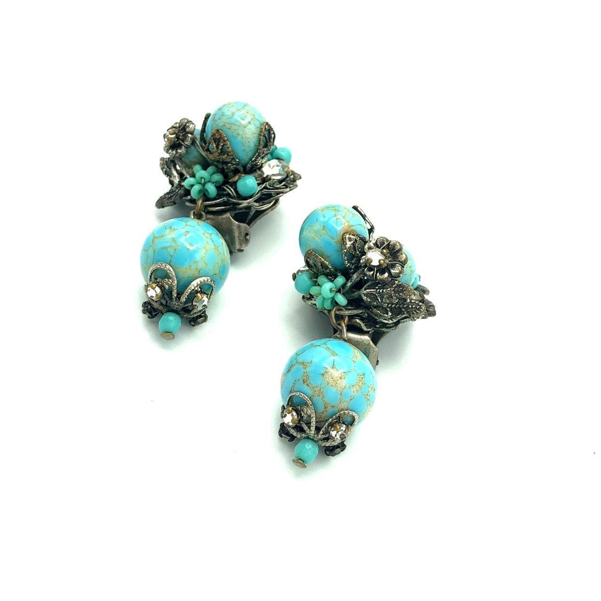 DeMario NY Blue Turquoise Rhinestone Beaded Dangle Vintage Clip - On Earrings - 24 Wishes Vintage Jewelry