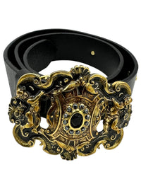 Doncaster Large Gold Enamel Cherub Black Leather Statement Belt Italy - 24 Wishes Vintage Jewelry