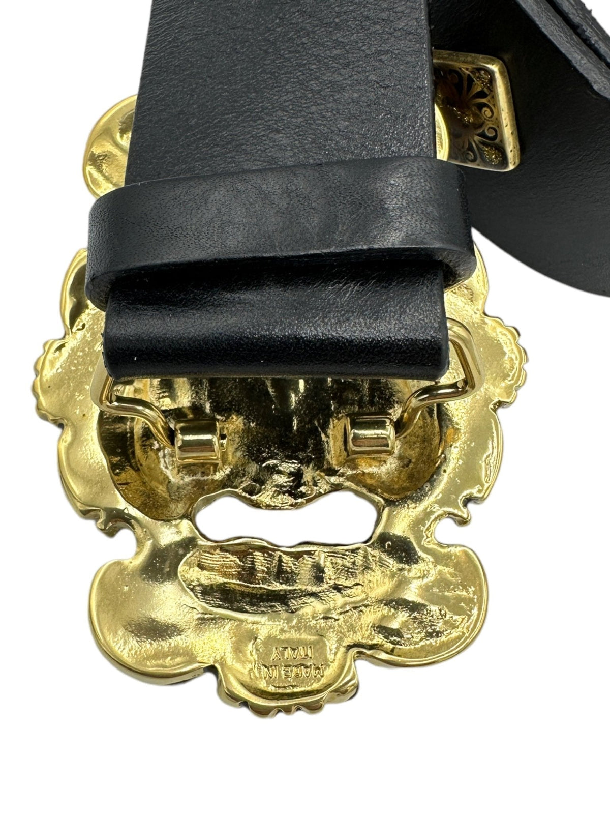 Doncaster Large Gold Enamel Cherub Black Leather Statement Belt Italy - 24 Wishes Vintage Jewelry