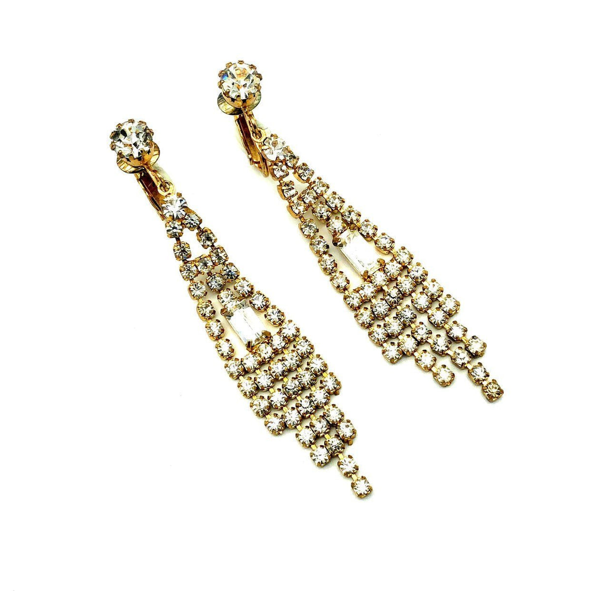 Dramatic Rhinestone Chandelier Vintage Clip - On Earrings - 24 Wishes Vintage Jewelry