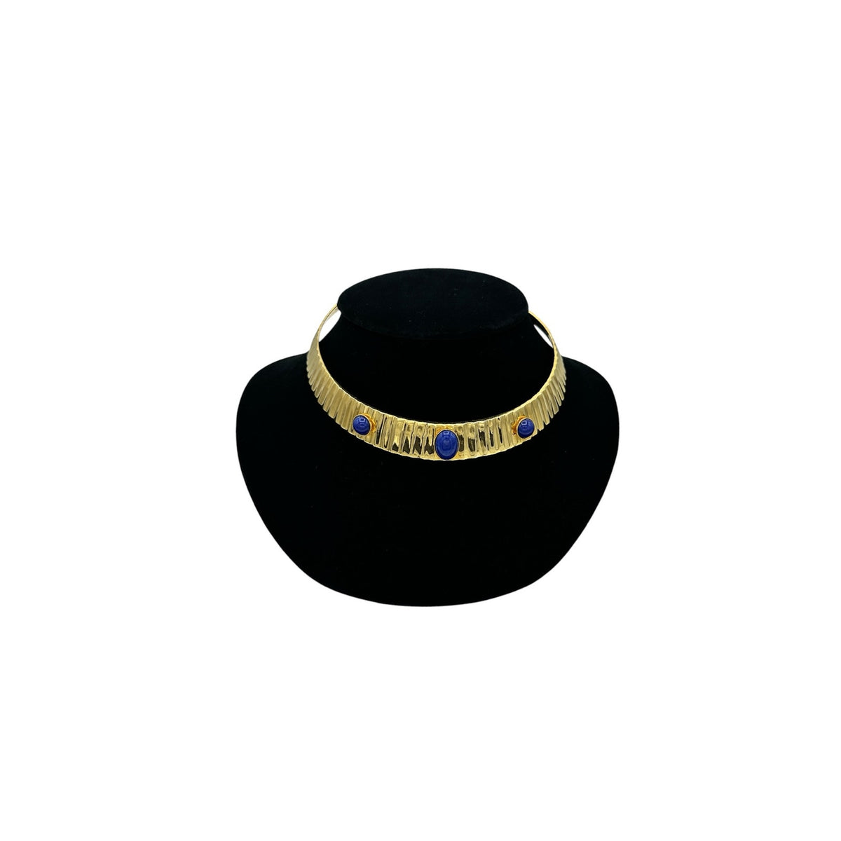 Vintage Gold Brass Choker with Blue Glass Cabochon Accents