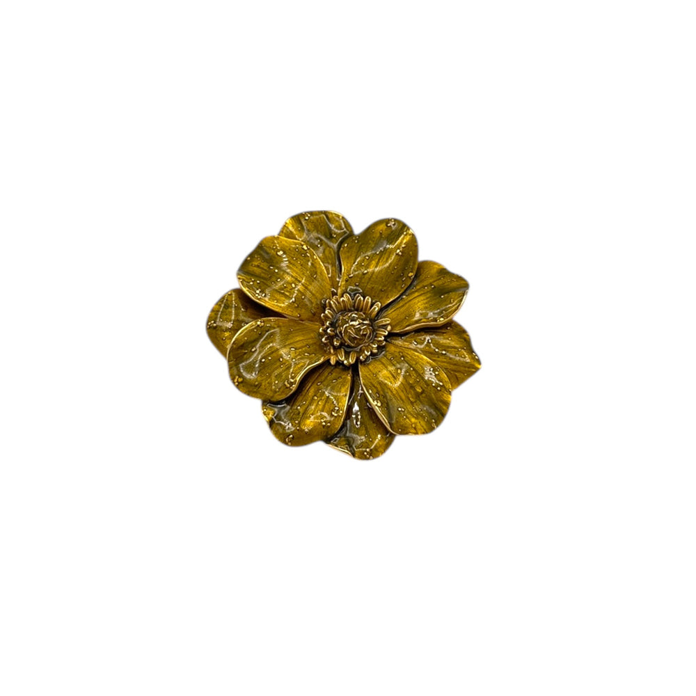 Vintage Erwin Pearl green enamel flower brooch with gold-tone detailing displayed on white background.