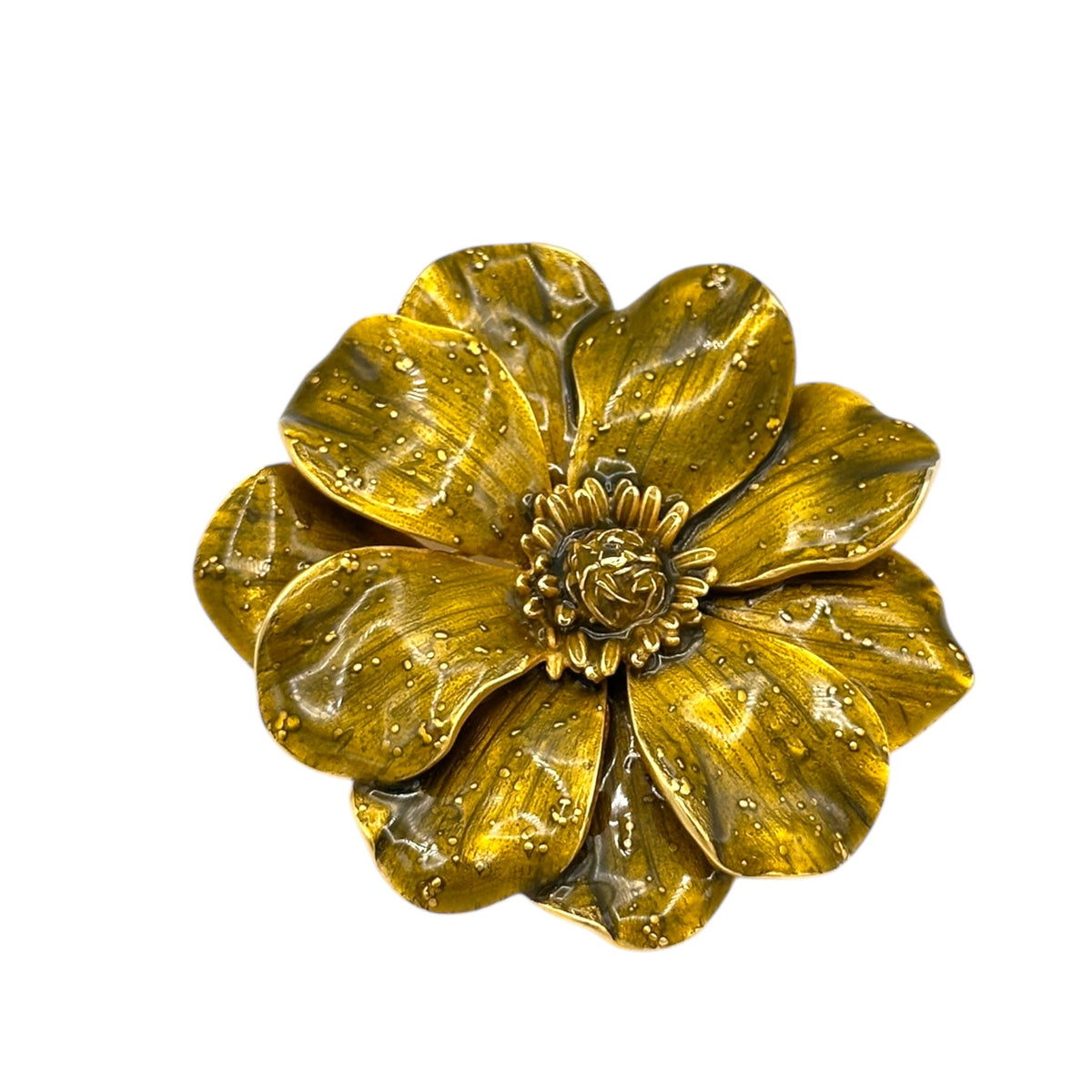 Close up view of Vintage Erwin Pearl green enamel flower brooch with gold-tone detailing displayed on white background.