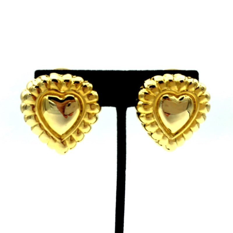 Escada Vintage Gold Puffy Heart Clip - On Earrings - 24 Wishes Vintage Jewelry