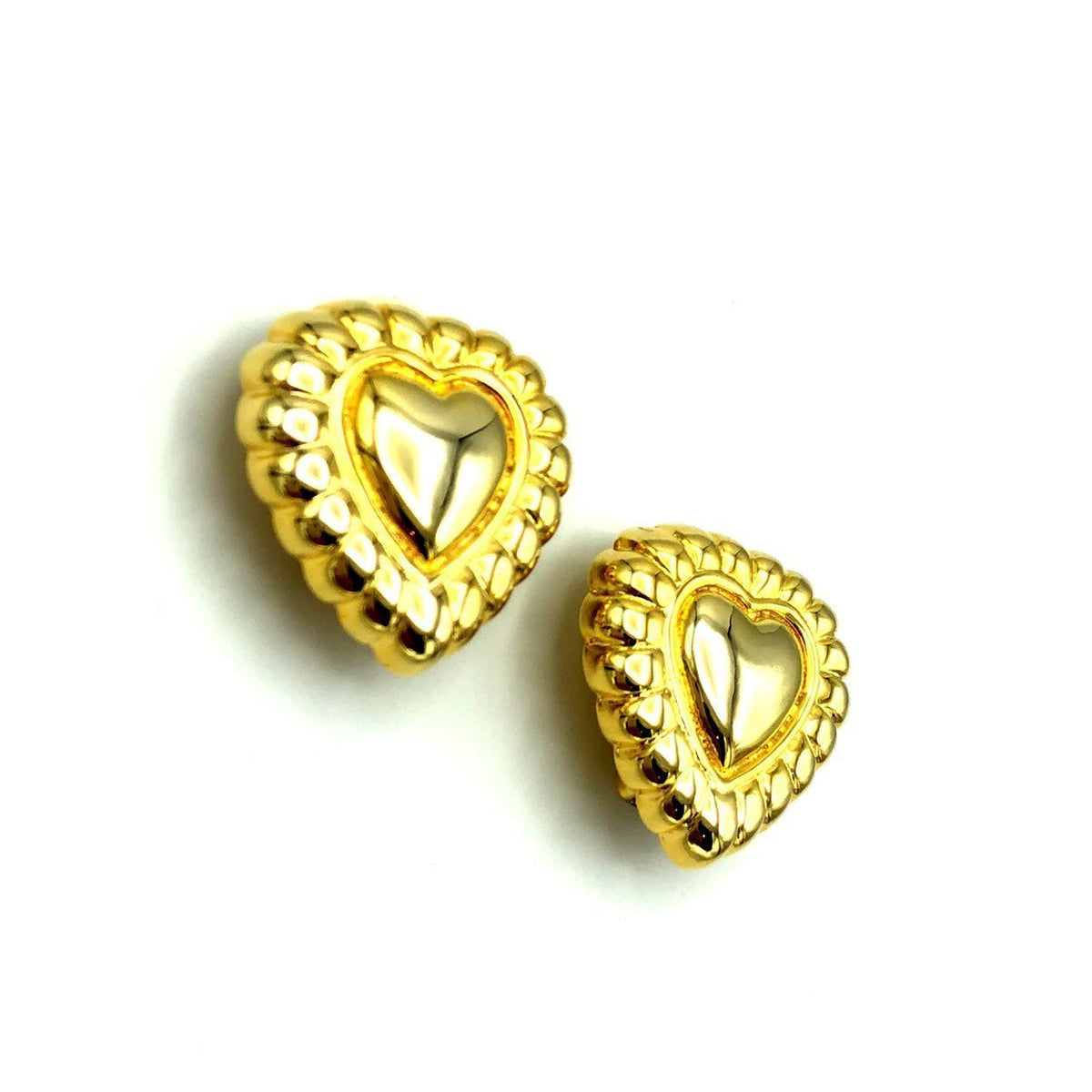 Escada Vintage Gold Puffy Heart Clip - On Earrings - 24 Wishes Vintage Jewelry